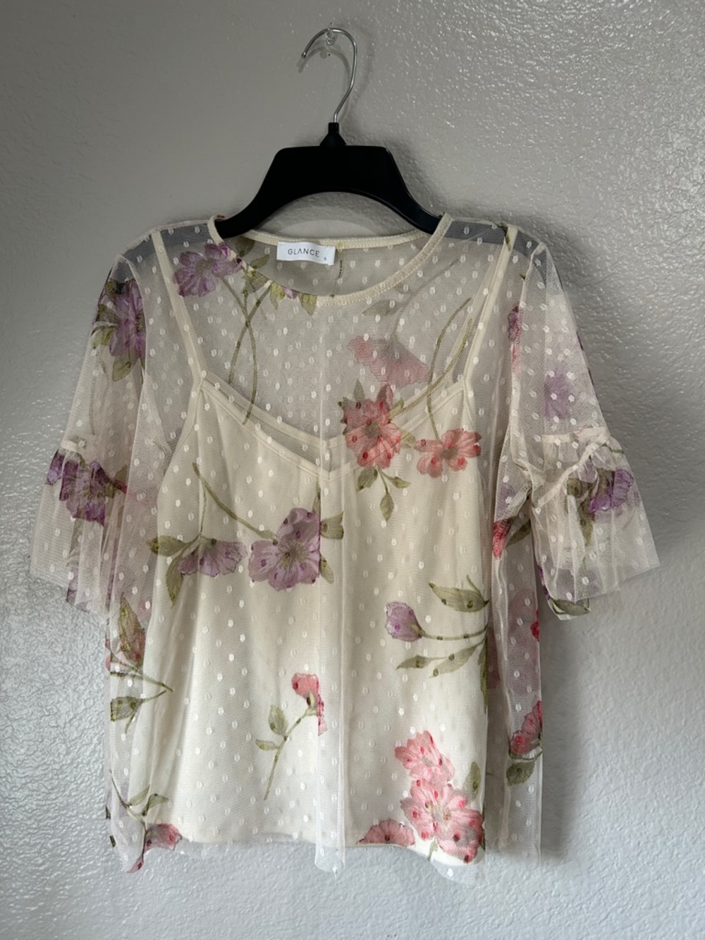 Glance Womens Cream Floral Mesh Overlay Women's Top Sz S Short Sleeve  Boho Chic